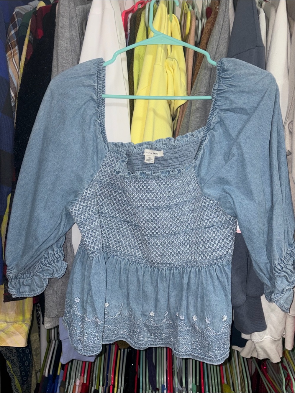 American Eagle Outfitters Light Blue Smocked Peasant Blouse